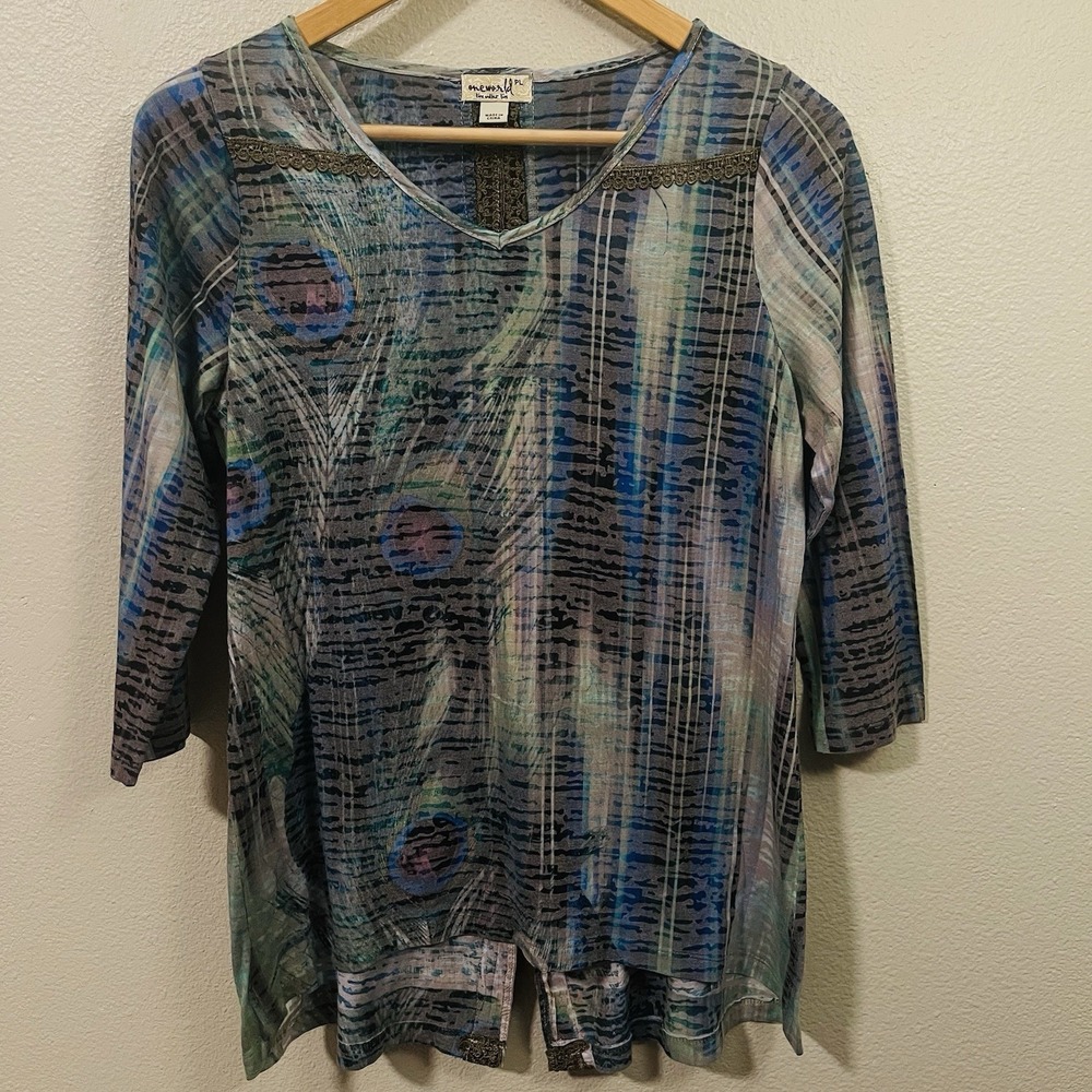 One World Boho Tunic Top Peacock Asymmetrical Lace Forrest Fairy Goblin Sz P L